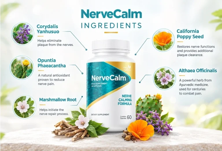 NerveCalm ingredients infographic showing botanicals